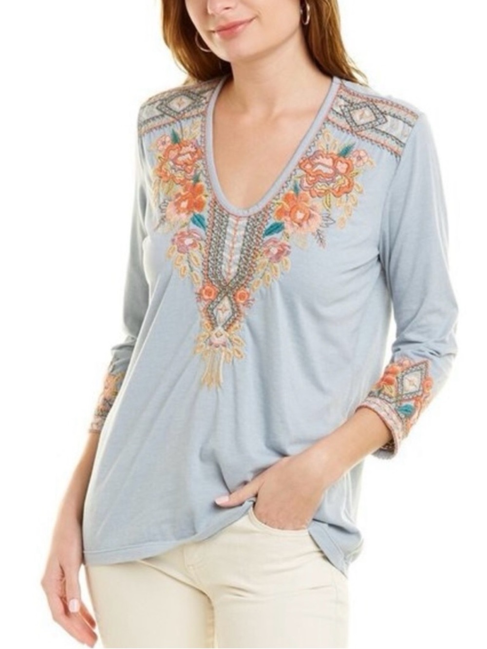 Johnny Was Maeve Light Blue Embroidered Boho Cottagecore Peasant Top‎